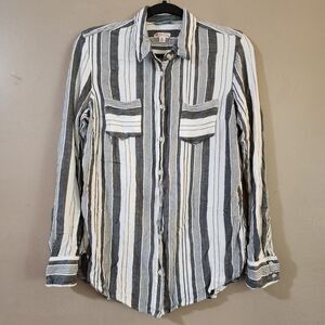 Merona Womens Knit Top Size M White Black Striped Long Sleeve Button Down